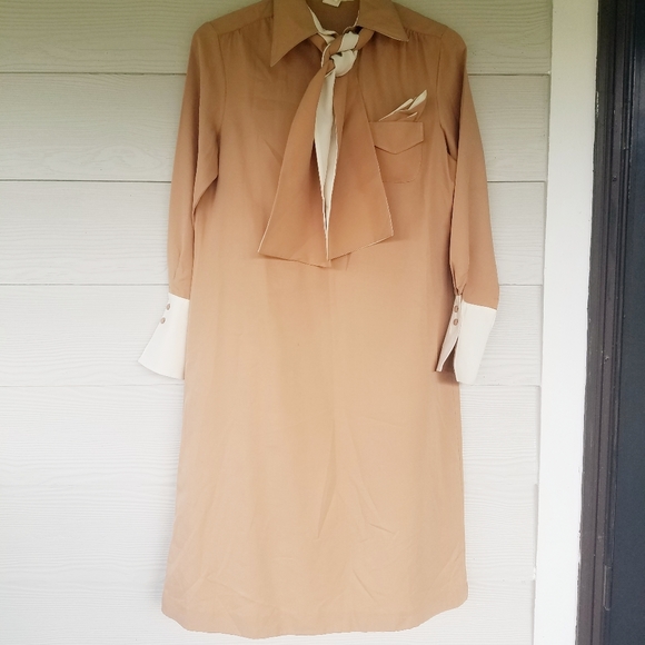 Vintage Dress Collared With Matching Kerchief And Belt/Bow Pink Mauve - Picture 3 of 16